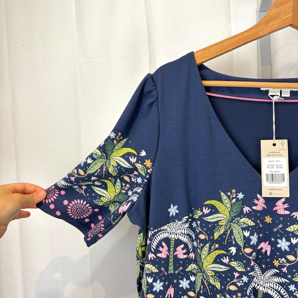 NWT BODEN Floral Puff Sleeve Knit Dress D0167 Pockets Blue Multi UK 18 US 14 - Picture 4 of 8